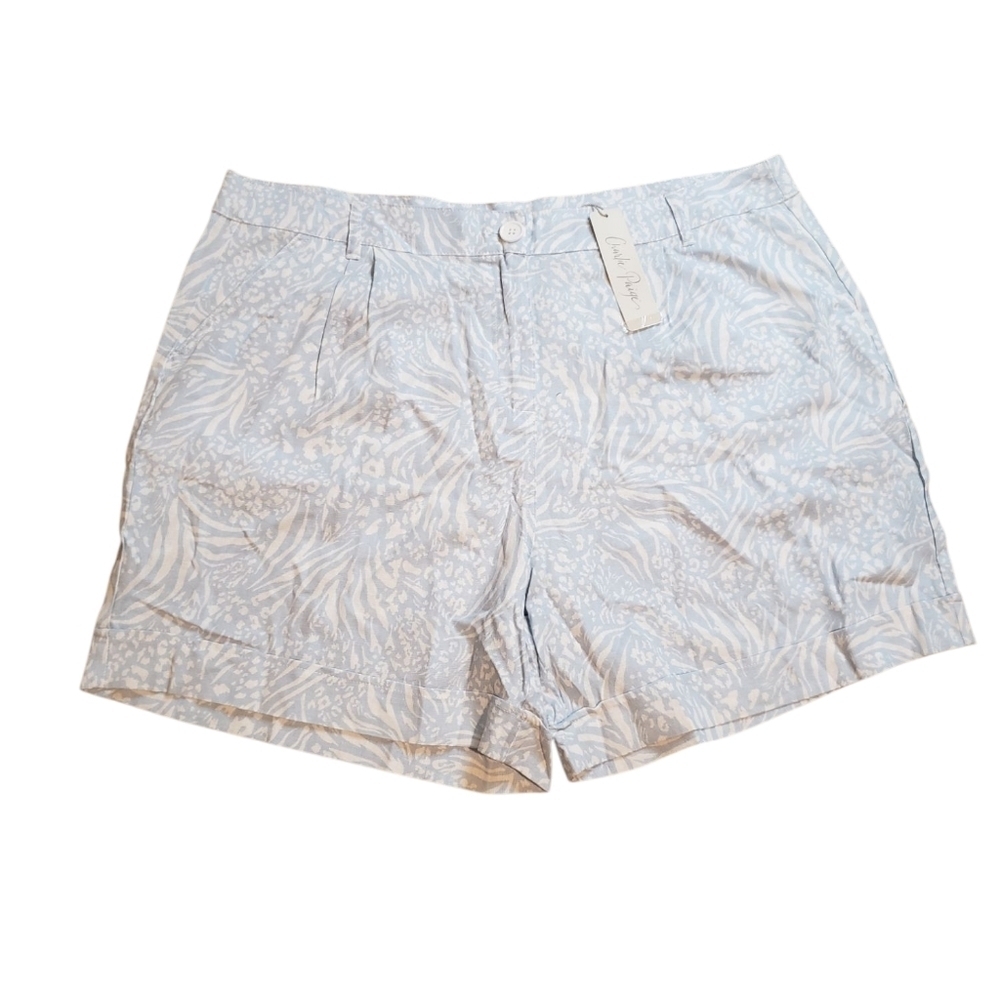 Charlie Paige Blue & White Leopard Print Linen Shorts NEW XL